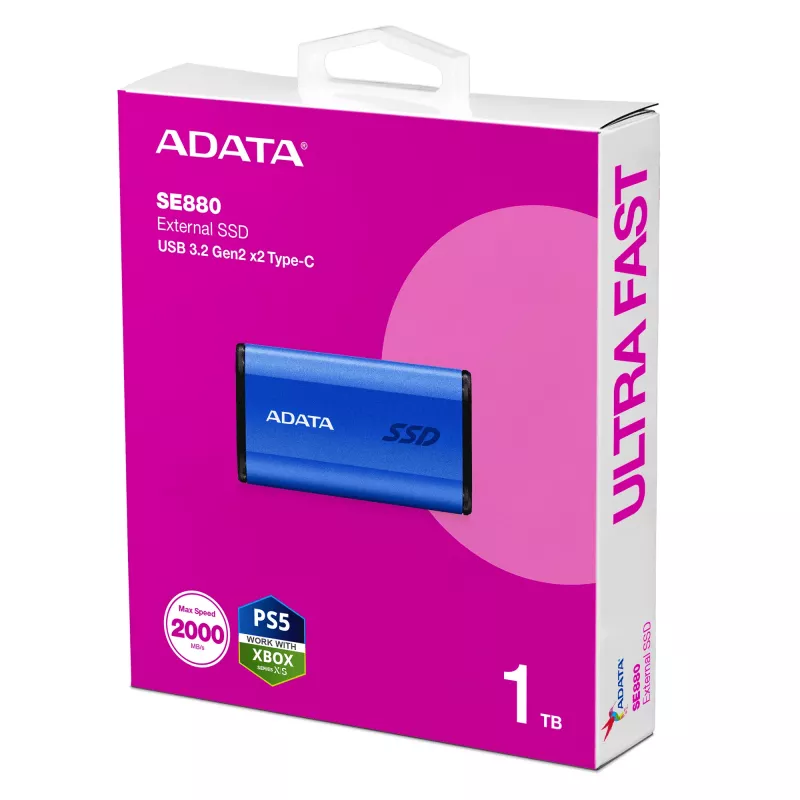 ADATA SE880 SSD externo de 1 TB, USB-C 3.2 Gen 2x2 (20 Gbit/s), até 2000 MB/s, azul