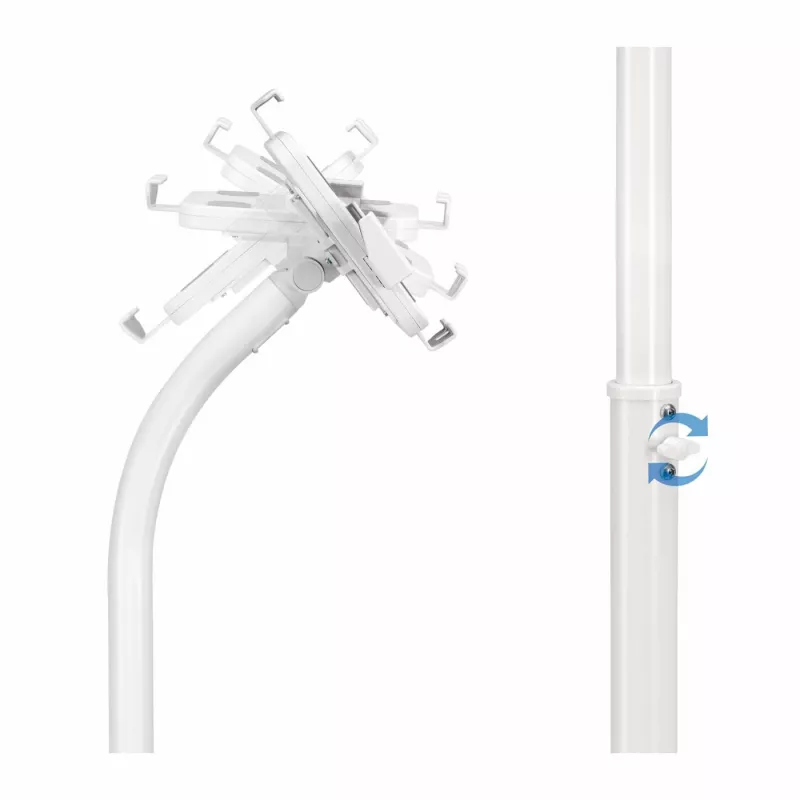 Suporte de chão Manhattan (antirroubo) para tablet e iPad, universal, rotação 360°, inclinação +20° a -110°, branco, com fecho, tablets 7,9