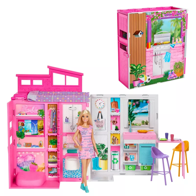 Casa de bonecas Barbie Getaway com boneca, 4 áreas de brincar e 11 acessórios decorativos