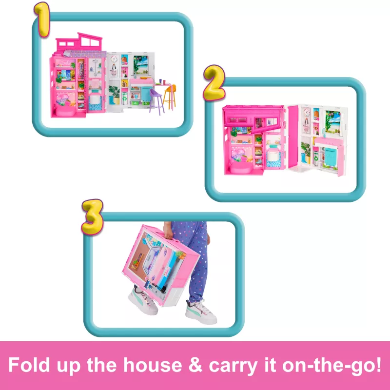 Casa de bonecas Barbie Getaway com boneca, 4 áreas de brincar e 11 acessórios decorativos
