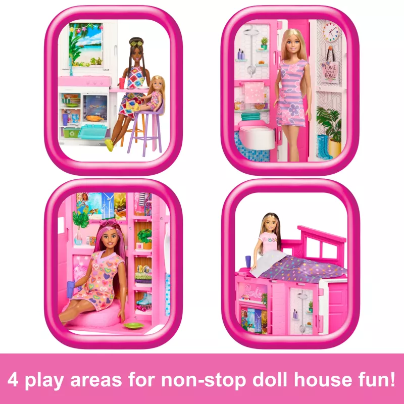 Casa de bonecas Barbie Getaway com boneca, 4 áreas de brincar e 11 acessórios decorativos