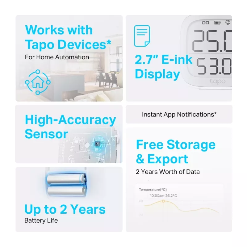 Monitor inteligente de temperatura e humidade TP-Link Tapo, interior, sensor de temperatura e humidade, autónomo, sem fios, -20 - 60 °C, 0 - 99%