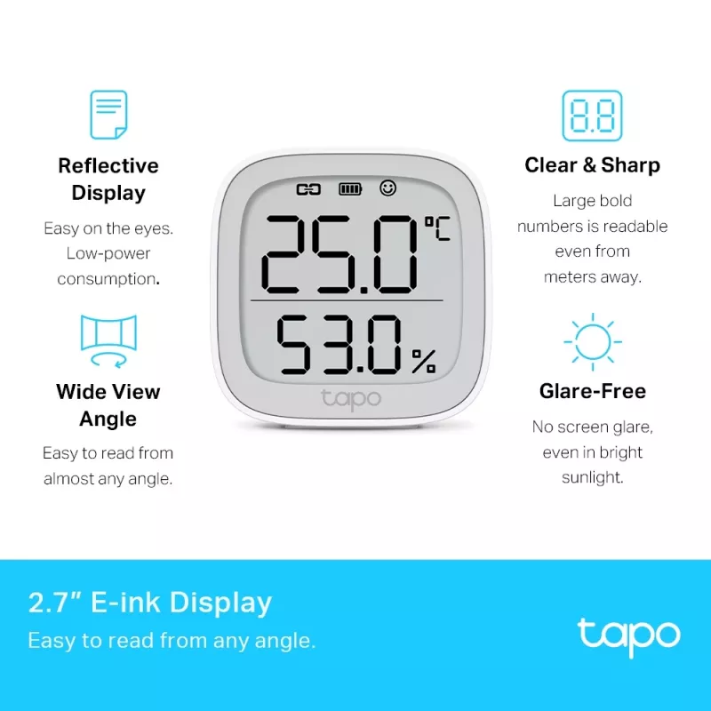 Monitor inteligente de temperatura e humidade TP-Link Tapo, interior, sensor de temperatura e humidade, autónomo, sem fios, -20 - 60 °C, 0 - 99%