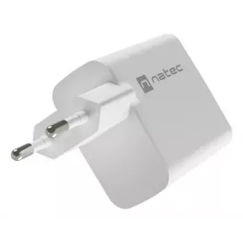 Carregador de CA com fios para dispositivos móveis NATEC NUC-2142, USB-C PD 3.0 + USB-A, 5–20 V até 3 A, 45 W, branco