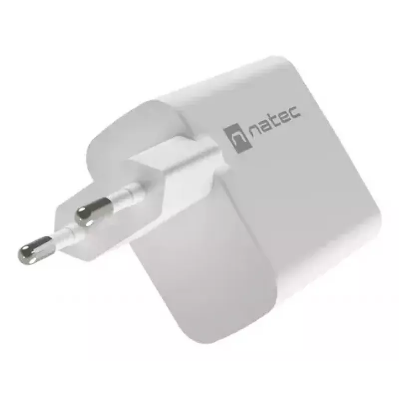Carregador de CA com fios para dispositivos móveis NATEC NUC-2142, USB-C PD 3.0 + USB-A, 5–20 V até 3 A, 45 W, branco