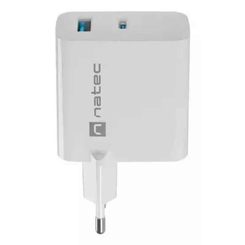 Carregador de CA com fios para dispositivos móveis NATEC NUC-2142, USB-C PD 3.0 + USB-A, 5–20 V até 3 A, 45 W, branco