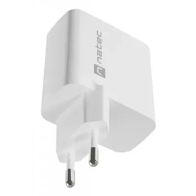 Carregador de CA com fios para dispositivos móveis NATEC NUC-2142, USB-C PD 3.0 + USB-A, 5–20 V até 3 A, 45 W, branco