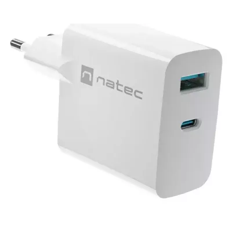 Carregador de CA com fios para dispositivos móveis NATEC NUC-2142, USB-C PD 3.0 + USB-A, 5–20 V até 3 A, 45 W, branco