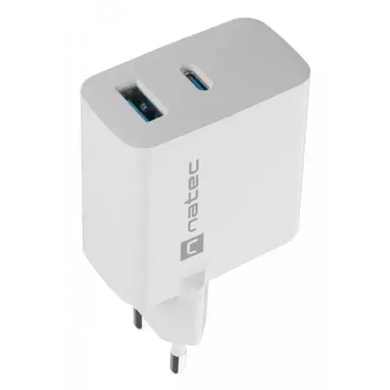 Carregador de CA com fios para dispositivos móveis NATEC NUC-2142, USB-C PD 3.0 + USB-A, 5–20 V até 3 A, 45 W, branco