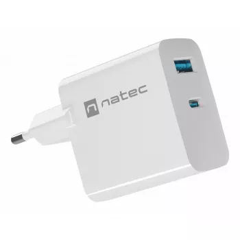Carregador de CA com fios para dispositivos móveis NATEC NUC-2142, USB-C PD 3.0 + USB-A, 5–20 V até 3 A, 45 W, branco