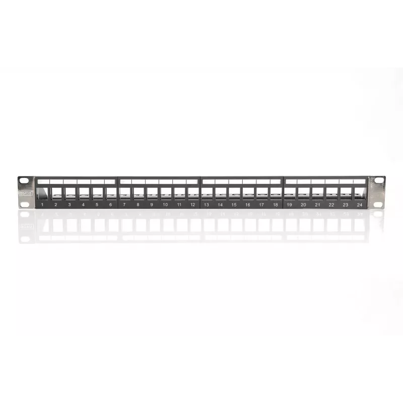 Patch panel modular DIGITUS, blindado, 24 portas, não equipado, 1U, montagem em rack, cor preto, campos de identificação transparentes