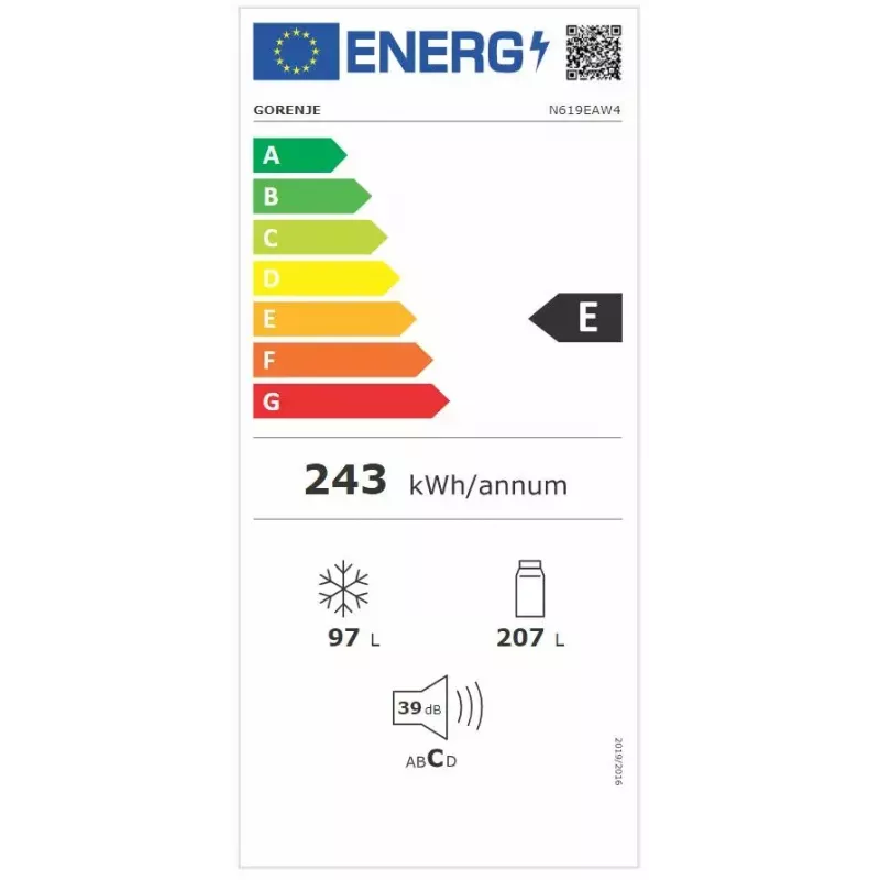 Combinado de frigorífico e congelador independente Gorenje N619EAW4 — 304 L de volume total (207 L frigorífico, 97 L congelador), No Frost, visor LED, abertura à direita, 39 dB