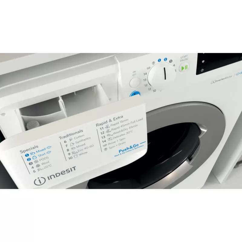 Máquina de lavar e secar roupa Indesit BDE 86436 WSV EE — 6 kg, 1400 rpm, branco, 595×540×850 mm