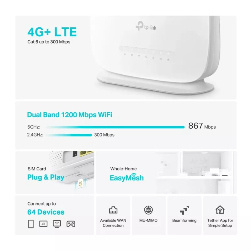 Router TP-Link Archer 4G+ Cat6 AC1200 Wireless Dual Band Gigabit