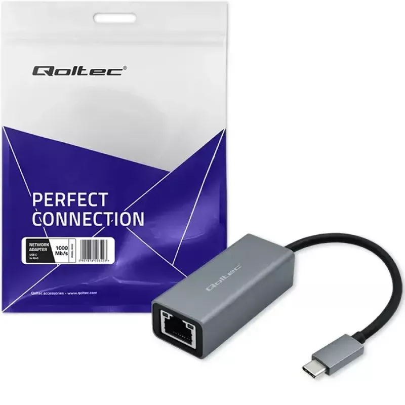 Placa de interface Qoltec 50352 RJ-45 conector fêmea USB Type-C cinzento