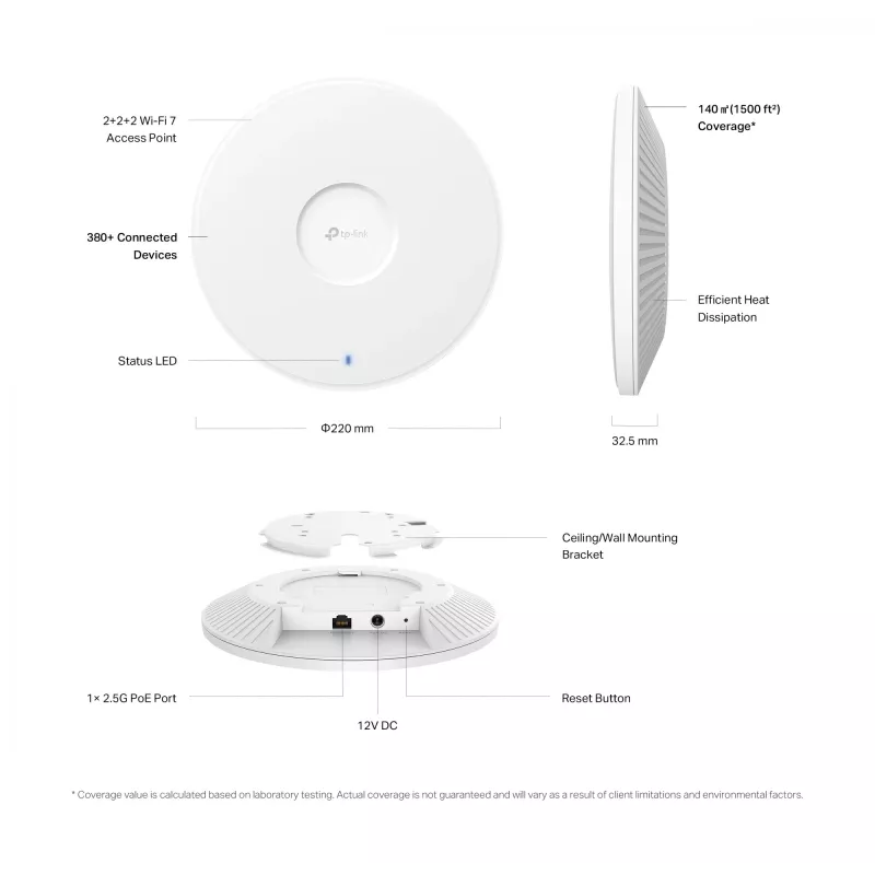 Ponto de acesso Wi-Fi 7 Tri-Band de teto TP-Link Omada BE9300