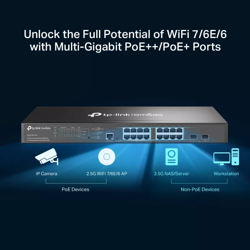 Switch gerido TP-Link Omada 16 portas 2.5G e 2 portas 10GE SFP+ L2+ com 8 portas PoE+