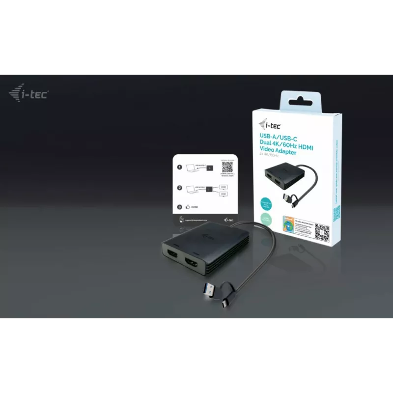 Adaptador de vídeo i-tec CADUAL4KHDMI USB-A/USB-C Dual 4K/60 Hz HDMI, 2x HDMI fêmea, 0,27 m, 3840 x 2160, preto