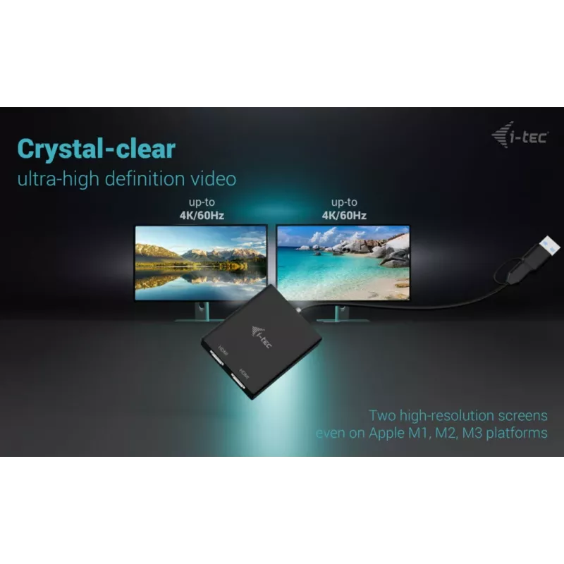 Adaptador de vídeo i-tec CADUAL4KHDMI USB-A/USB-C Dual 4K/60 Hz HDMI, 2x HDMI fêmea, 0,27 m, 3840 x 2160, preto