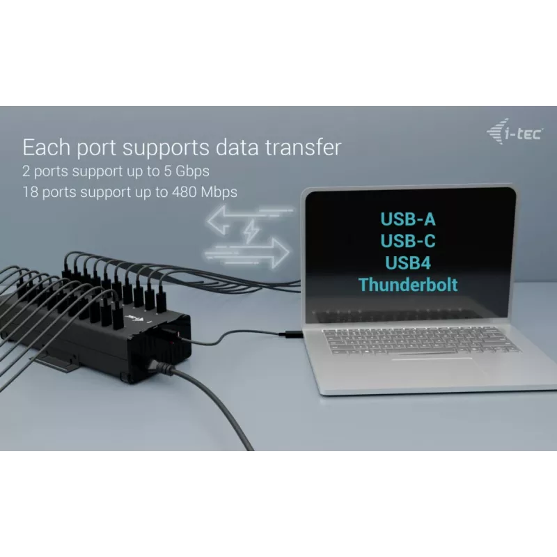 i-tec HUB metálico de carregamento + dados USB-C/USB-A, 15W por porta, 20x USB-C