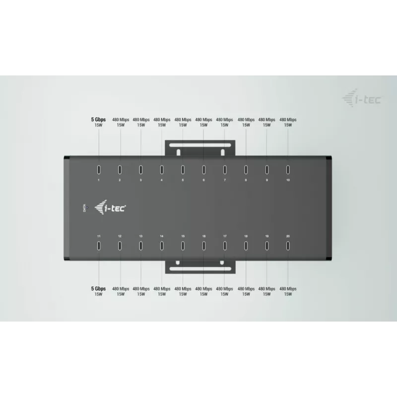 i-tec HUB metálico de carregamento + dados USB-C/USB-A, 15W por porta, 20x USB-C