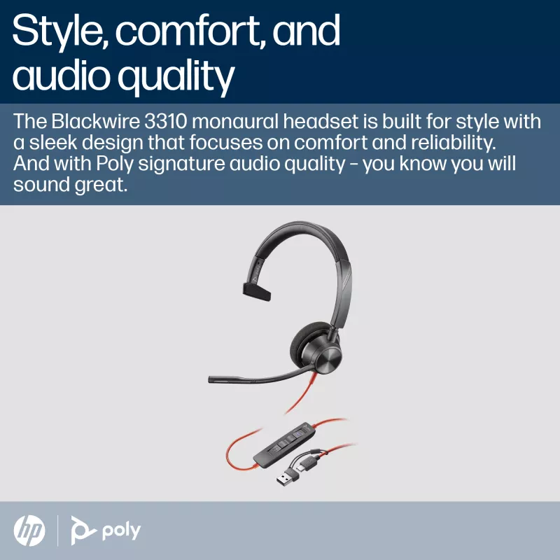 HP Poly Blackwire 3310 Headset USB-C monaural certificado Microsoft Teams + Adaptador USB-C/A