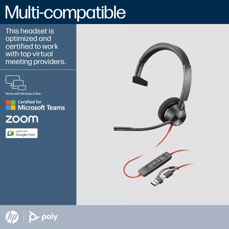 HP Poly Blackwire 3310 Headset USB-C monaural certificado Microsoft Teams + Adaptador USB-C/A