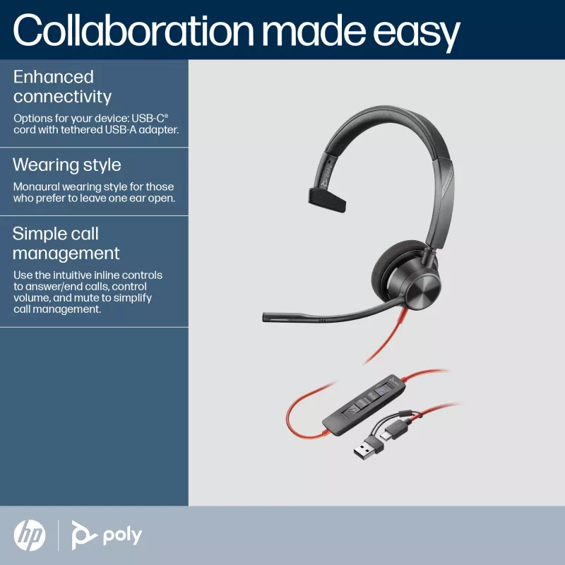 HP Poly Blackwire 3310 Headset USB-C monaural certificado Microsoft Teams + Adaptador USB-C/A