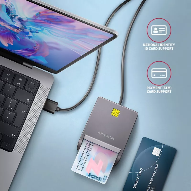 Leitor de cartões smart/ID USB-A Axagon CRE-SM3T, plano, USB 2.0, 1,3 m, preto, 56 g
