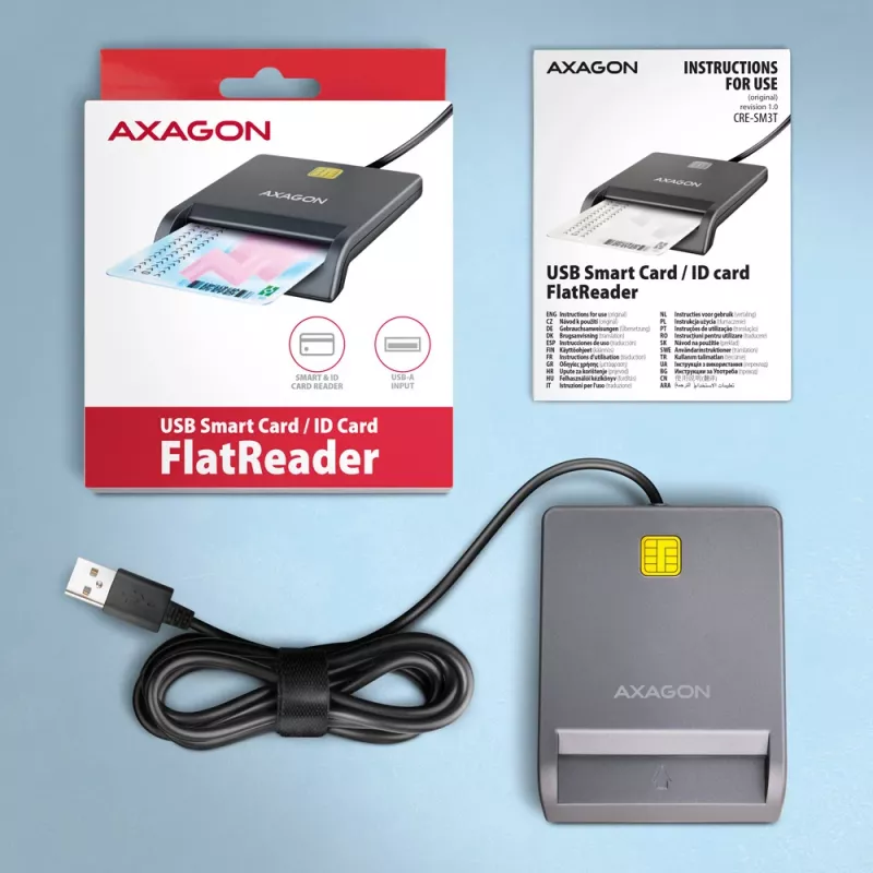 Leitor de cartões smart/ID USB-A Axagon CRE-SM3T, plano, USB 2.0, 1,3 m, preto, 56 g