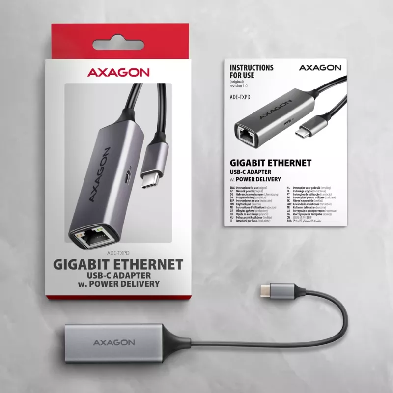 Adaptador Axagon ADE-TXPD USB-C Gigabit Ethernet com PD 100W
