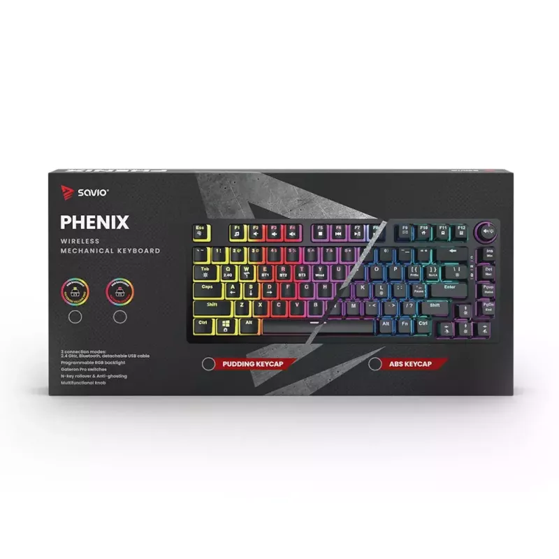 Teclado gaming Savio SAVGK-PHENIX Amarelo USB RF Wireless Bluetooth Mecânico 82 teclas RGB