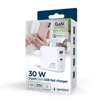 Gembird TA-UC-PDQC30L-W-01 carregador rápido USB GaN de 30 W com 2 portas, 1x USB-C PD, 1x USB-A QC3.0, 100–240 V, LED, branco