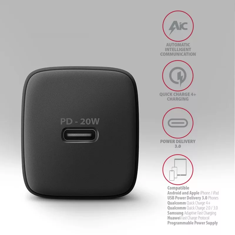 Carregador de parede Axagon ACU-PD20 1x QC3.0/AFC/FCP/PD Type-C 20W preto