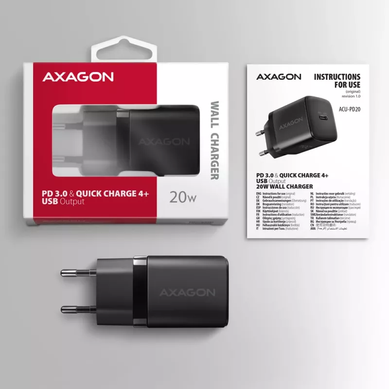 Carregador de parede Axagon ACU-PD20 1x QC3.0/AFC/FCP/PD Type-C 20W preto