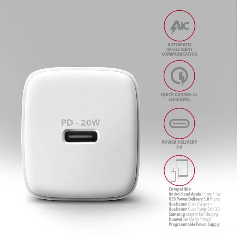 Carregador de parede Axagon ACU-PD20W 1x QC3.0/AFC/FCP/PD Type-C 20W branco