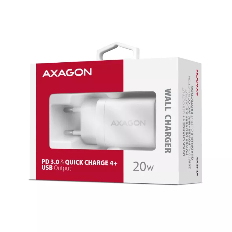 Carregador de parede Axagon ACU-PD20W 1x QC3.0/AFC/FCP/PD Type-C 20W branco