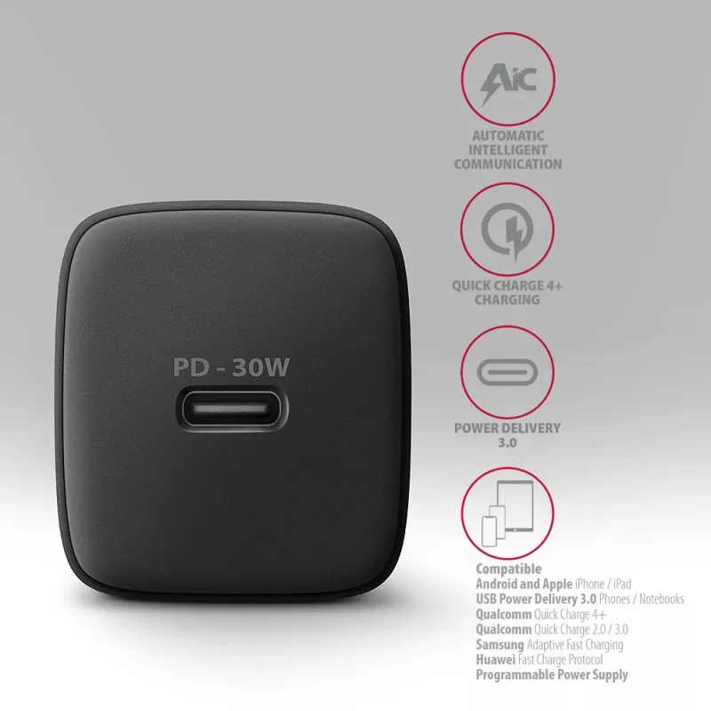 Carregador de parede Axagon ACU-PD30 PD3.0 & QC4+ 1x saída 30W, interior, AC, preto