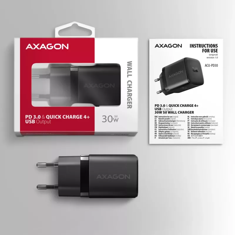 Carregador de parede Axagon ACU-PD30 PD3.0 & QC4+ 1x saída 30W, interior, AC, preto