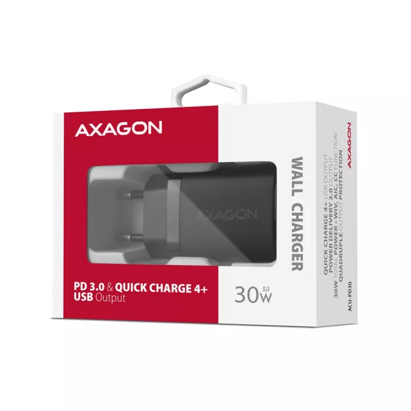Carregador de parede Axagon ACU-PD30 PD3.0 & QC4+ 1x saída 30W, interior, AC, preto