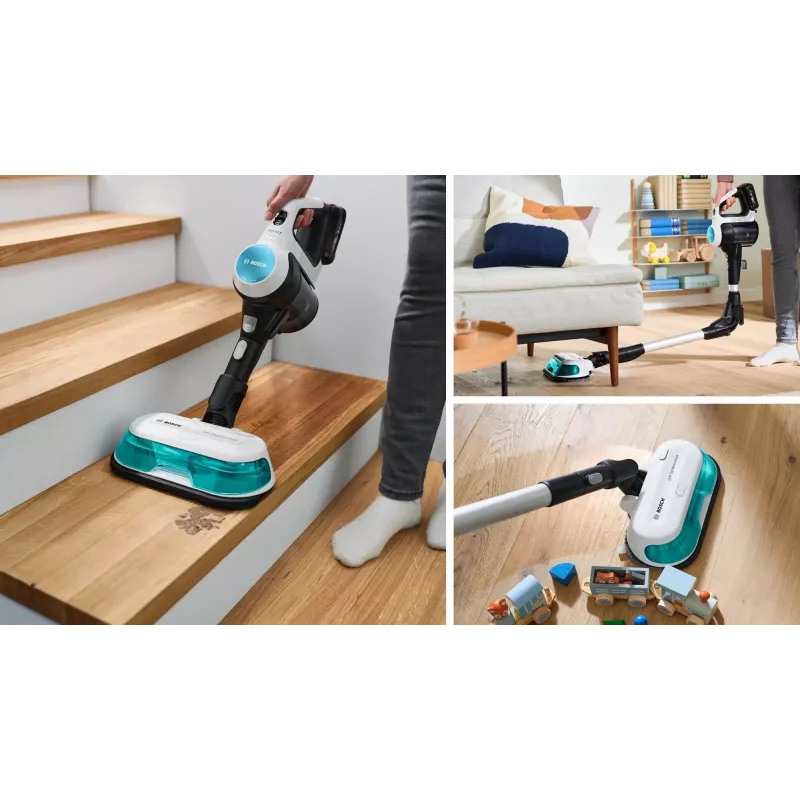 Bosch Unlimited 7 ProHygienic Aqua BCS71HYG1 aspirador vertical sem fios 2 em 1 com função de esfregar, 18 V, HEPA, sem saco, 0,3 l, branco