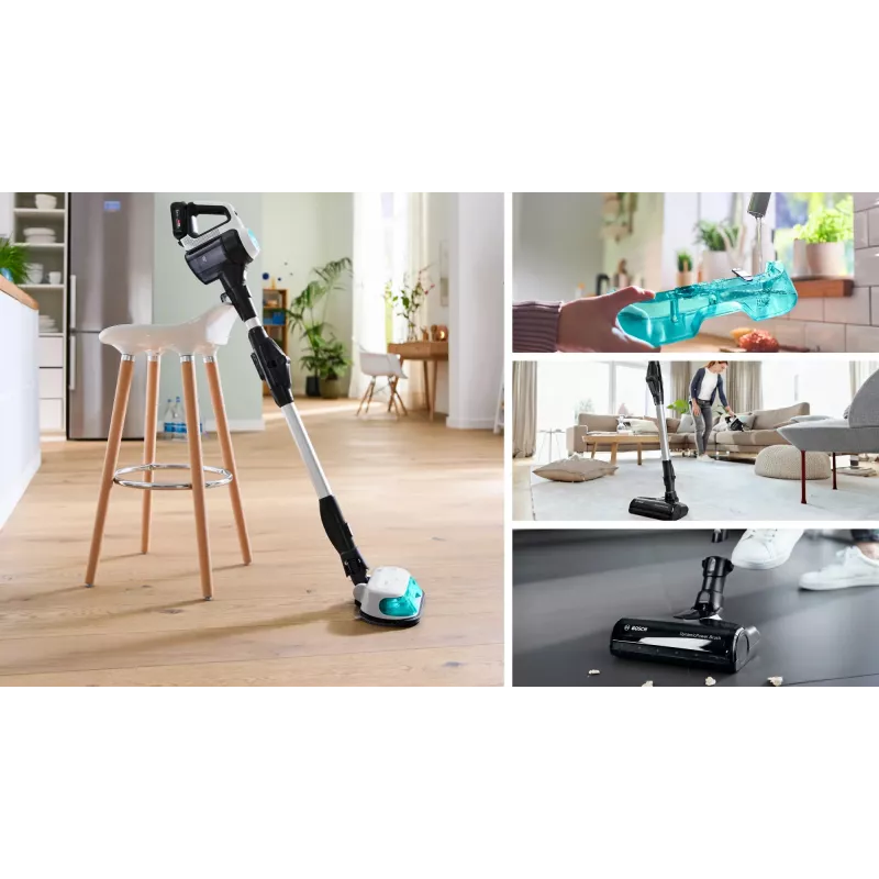 Bosch Unlimited 7 ProHygienic Aqua BCS71HYG1 aspirador vertical sem fios 2 em 1 com função de esfregar, 18 V, HEPA, sem saco, 0,3 l, branco