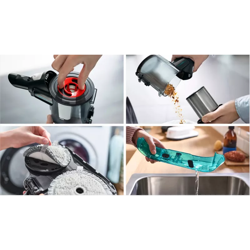 Bosch Unlimited 7 ProHygienic Aqua BCS71HYG1 aspirador vertical sem fios 2 em 1 com função de esfregar, 18 V, HEPA, sem saco, 0,3 l, branco