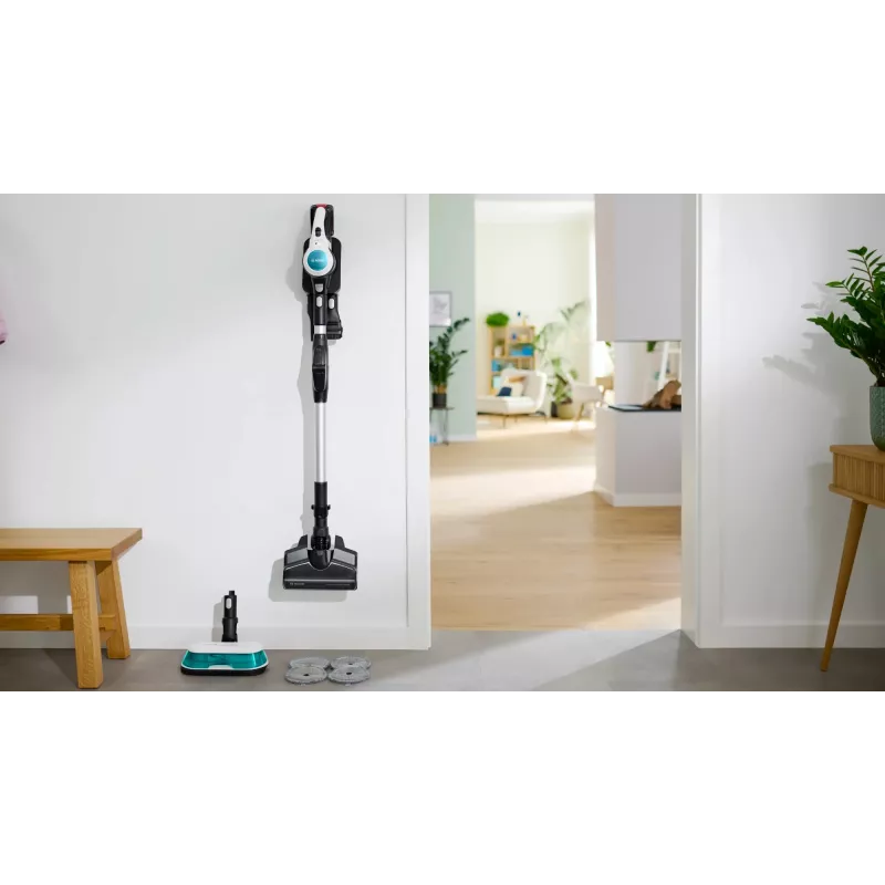 Bosch Unlimited 7 ProHygienic Aqua BCS71HYG1 aspirador vertical sem fios 2 em 1 com função de esfregar, 18 V, HEPA, sem saco, 0,3 l, branco