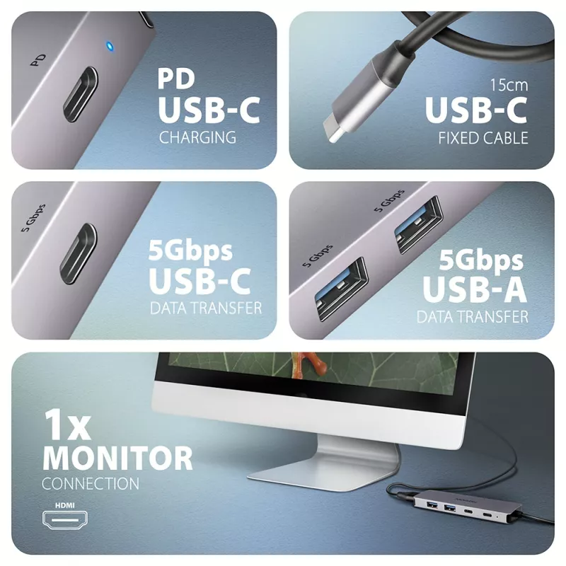 Axagon HMC-5H60 hub USB 5Gbps, 2x USB-A, 1x USB-C, HDMI 4k/60Hz, PD 100W, cabo USB-C