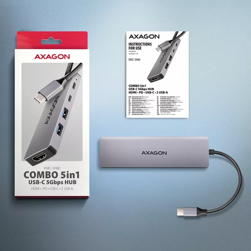 Axagon HMC-5H60 hub USB 5Gbps, 2x USB-A, 1x USB-C, HDMI 4k/60Hz, PD 100W, cabo USB-C