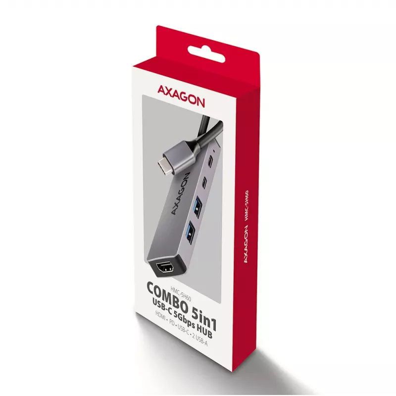 Axagon HMC-5H60 hub USB 5Gbps, 2x USB-A, 1x USB-C, HDMI 4k/60Hz, PD 100W, cabo USB-C