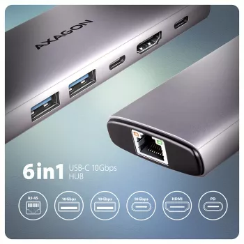 Axagon HMC-6G2L hub USB 10Gbps, 2x USB-A, 1x USB-C, HDMI 4k/60Hz, RJ-45, PD 100W