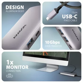 Axagon HMC-6G2L hub USB 10Gbps, 2x USB-A, 1x USB-C, HDMI 4k/60Hz, RJ-45, PD 100W