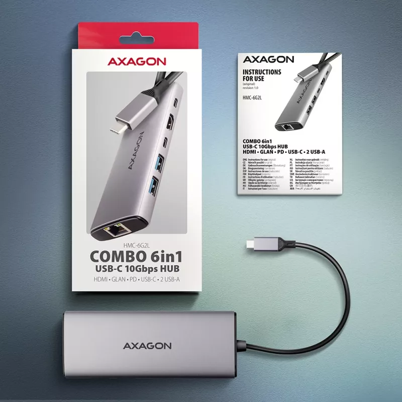 Axagon HMC-6G2L hub USB 10Gbps, 2x USB-A, 1x USB-C, HDMI 4k/60Hz, RJ-45, PD 100W